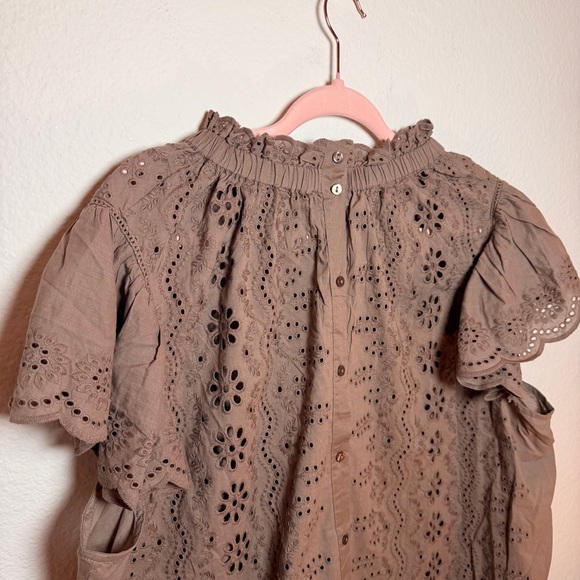 Ruffle Sleeve Brown Eyelet Lace Blouse Cottagecore Boho Romantic Top Cotton - Picture 10 of 12
